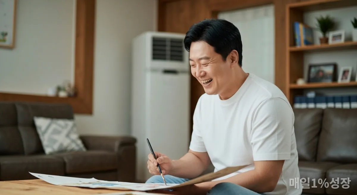 거실에서 그림을 그리거나 악기를 연주하며 즐거워하는 30대 중반 한국인 남성