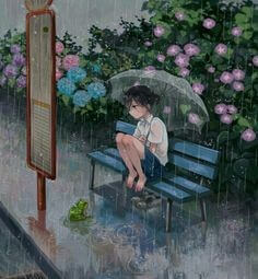 버스-정류장에서-우산쓰,고있는-소년