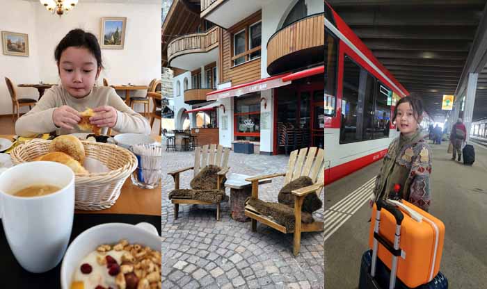 체르마트 알푸벨 호텔의 마지막 조식, 이른 아침 오픈전 레스토랑 앞, 체르마트 기차역에서 기차를 기다리며