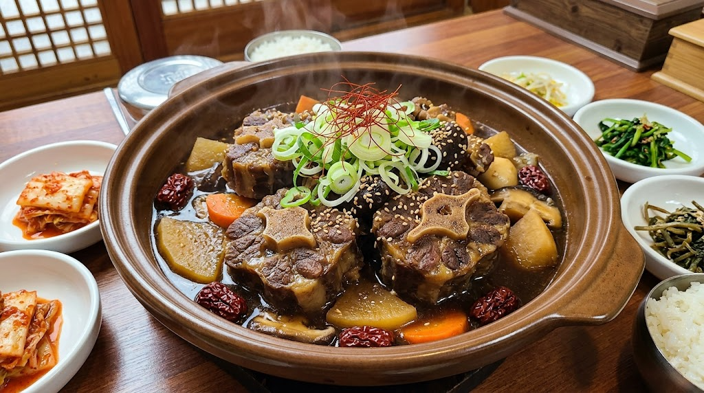 나무 식탁 위에 김이 오르는 커다란 뚝배기 전골냄비가 올려져 있고, 그 안에 큼직한 토막 고기와 무, 당근, 대추, 버섯이 간장 양념에 자작하게 조려져 있습니다. 고기 위에는 썬 파와 실고추, 깨가 고명으로 올려져 있으며, 주변에는 김치, 나물 등의 밑반찬과 공기밥이 함께 차려져 있습니다.