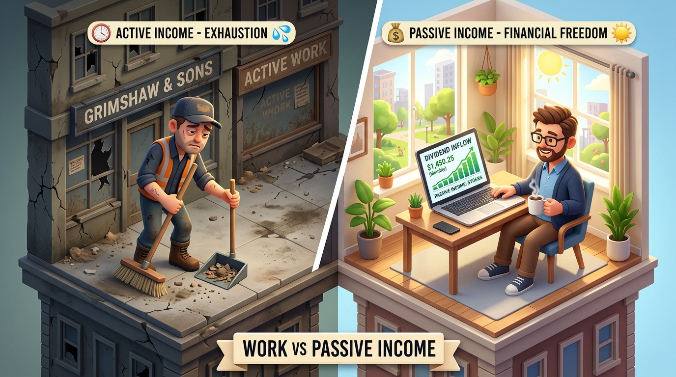 낡은 건물 앞에서 빗자루를 든 지친 표정의 남성과, 카페에서 여유롭게 스마트폰으로 배당금 알람을 확인하는 남자의 대비를 보여주는 3D 일러스트