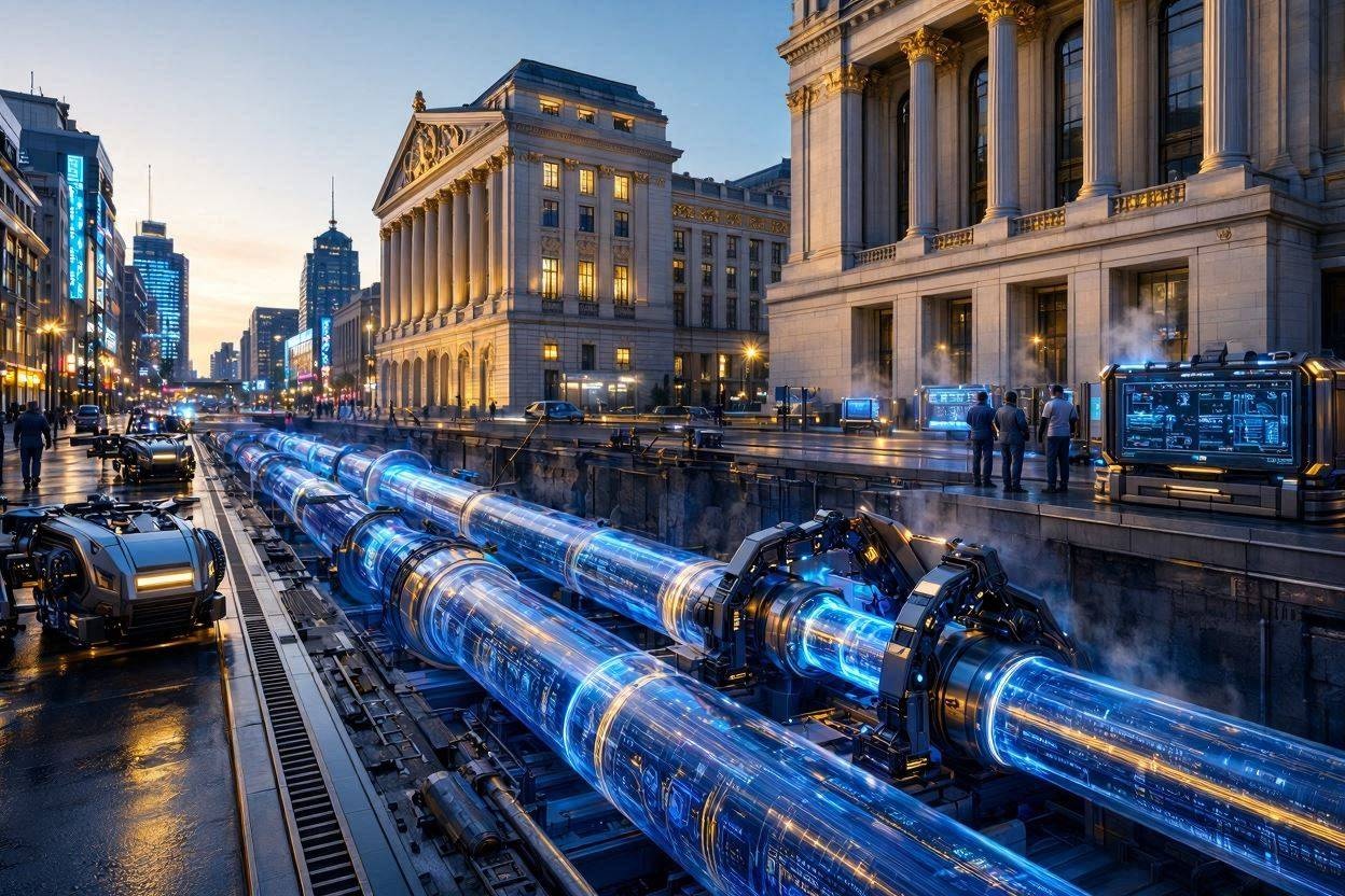 A futuristic city showing massive digital pipelines being installed beneath classical bank buildings.
