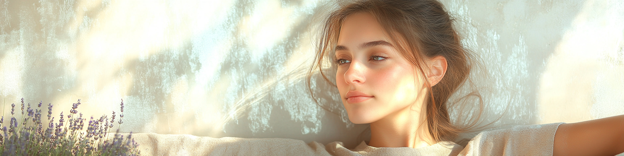 A serene woman with calm, glowing skin sitting by a softly lit window, gently applying a fermented Bakuchiol cream to her face, her relaxed expression reflecting the soothing and irritation-free effects of the product, the background featuring delicate natural elements like lavender, leaves, and soft flowing curtains, cinematic lighting, volumetric light, ultra-detailed textures, hyper-realistic skin details, elegant and minimalist aesthetic, luxurious and calming atmosphere