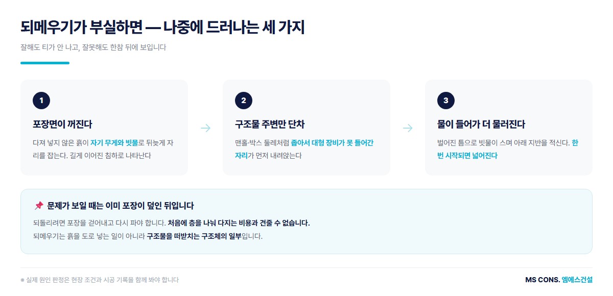 되메우기가 부실할 때 나중에 드러나는 세 가지, 포장면 침하와 구조물 주변 단차와 물 침투