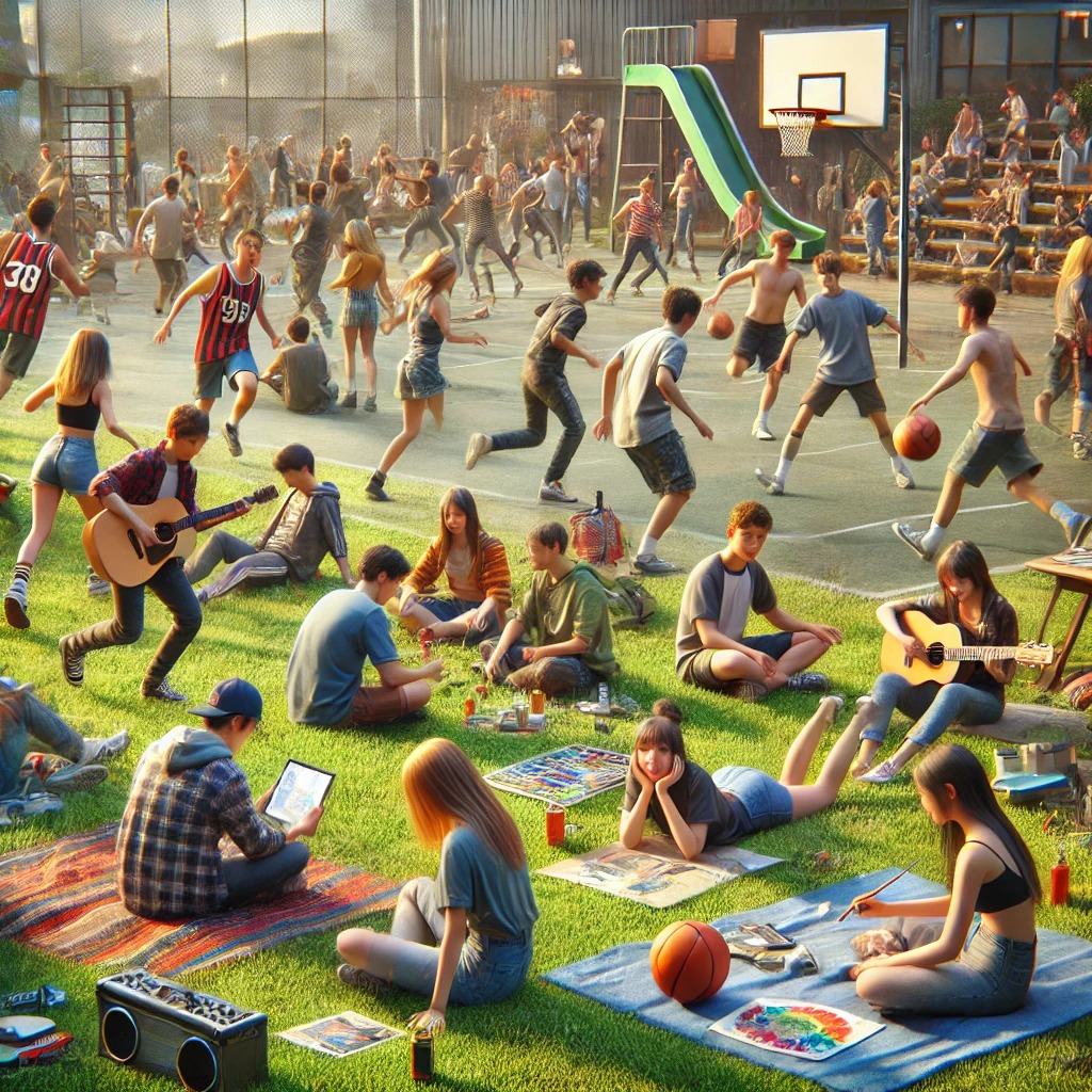 10대 청소년들이 신체적 활동과 창의적인 취미를 즐기는 모습