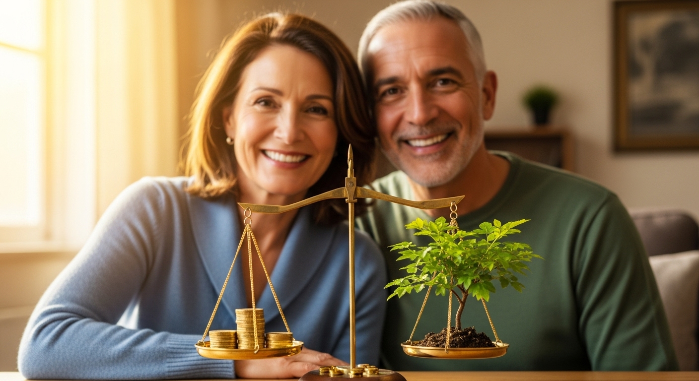 IRP 계좌의 성공적인 자산 배분을 상징하는 균형 잡힌 저울 위에서 웃고 있는 중년 남녀