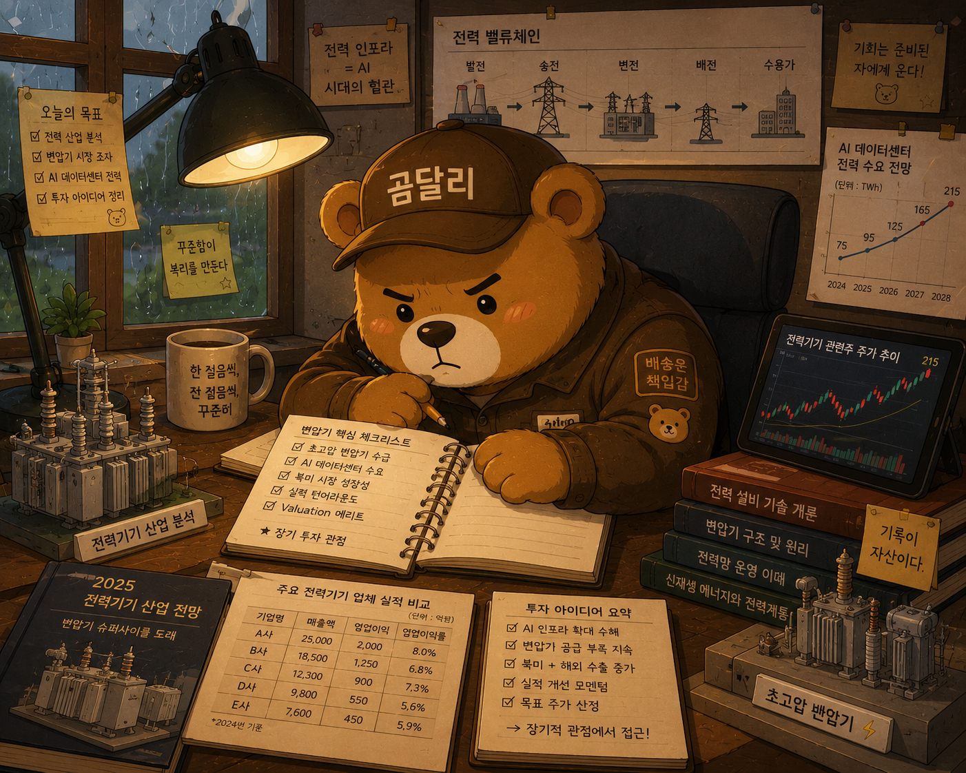 "비 오는 날 LS ELECTRIC&middot;효성중공업 변압기 전력 인프라 재무 분석을 공부하는 곰따리 배달기사 캐릭터"