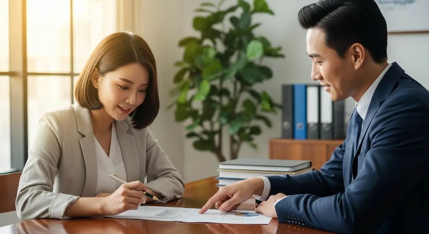 전문가와 상담하며 자신의 채무 상황에 맞는 최적의 해결책을 찾고 희망을 얻는 저신용 근로자의 모습