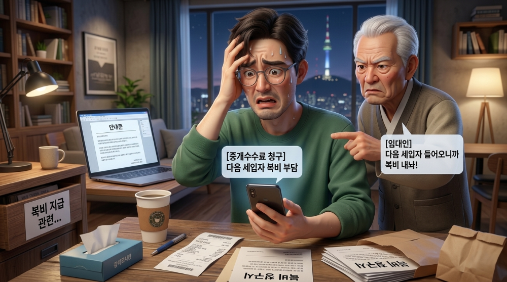 이사 할때 집주인이 다음 세입자 복비 요구를 해서 당황스러운 상황을 재현한 캐릭터 이미지