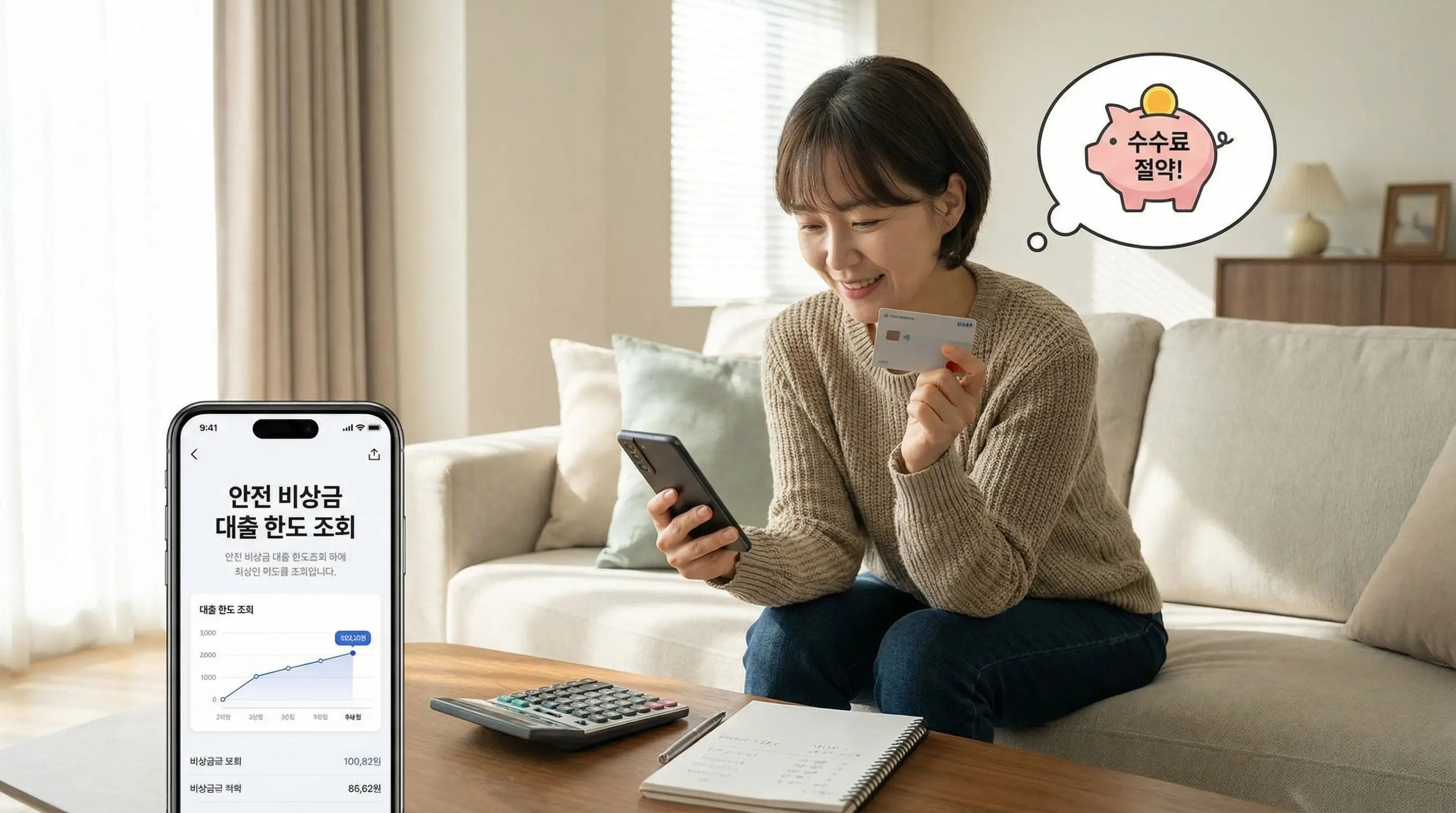 스마트폰으로 안전한 비상금 대출 한도를 조회하고 높은 수수료를 절약하는 현명한 소비자의 모습