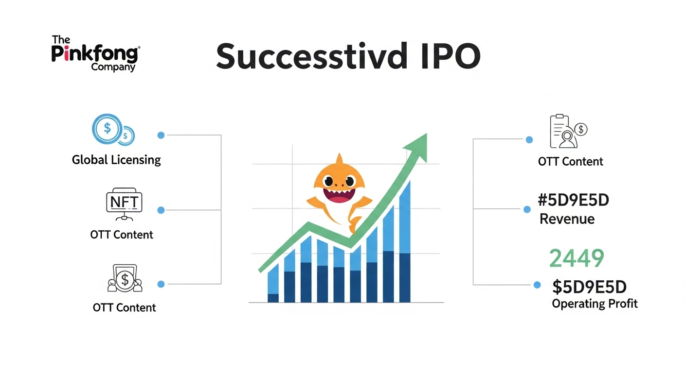 An infographic-style illustration visually representing The Pinkfong Company's successful IPO. In the center, a rising stock chart featuring the Baby Shark character is visible, surrounded by minimal icons indicating key performance indicators like 'Global Licensing,' 'NFT,' and 'OTT Content,' along with financial metrics (Revenue, Operating Profit). The overall color scheme should be a professional blend of financial blue and the company's primary color, serene green (#5D9E5D), to convey trust and business growth.