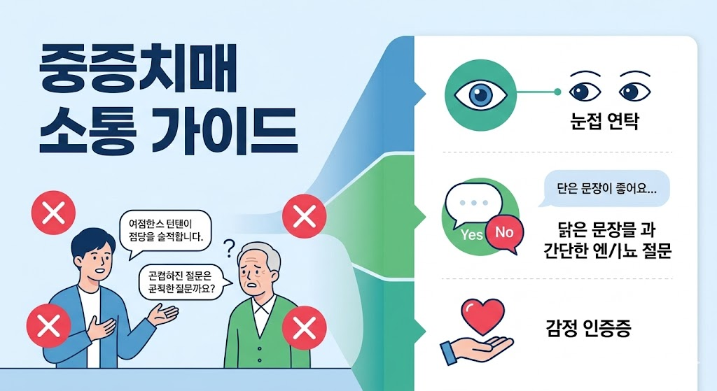 깔끔한 인포그래픽 디자인을 통해 '눈 맞추기', '짧은 문장', '감정 읽기' 등 핵심 소통 수칙을 직관적으로 보여줍니다
