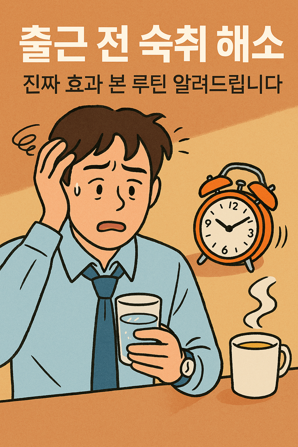 숙취로 지친 표정의 남성이 물을 들고 앉아 있고, 옆에는 커피 잔과 울리는 자명종 시계가 놓인 '출근 전 숙취 해소, 진짜 효과 본 루틴 알려드립니다' 일러스트 썸네일