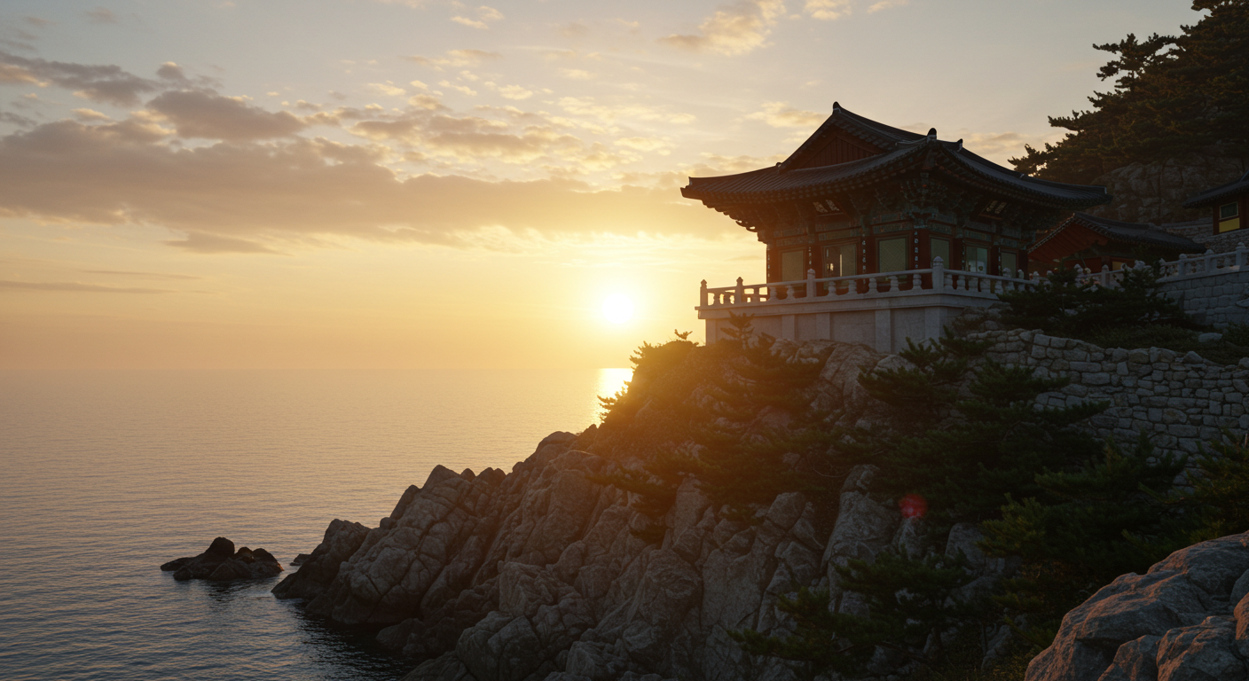 양양 낙산사 홍련암에서 동해 바다 위로 떠오르는 신비로운 일출