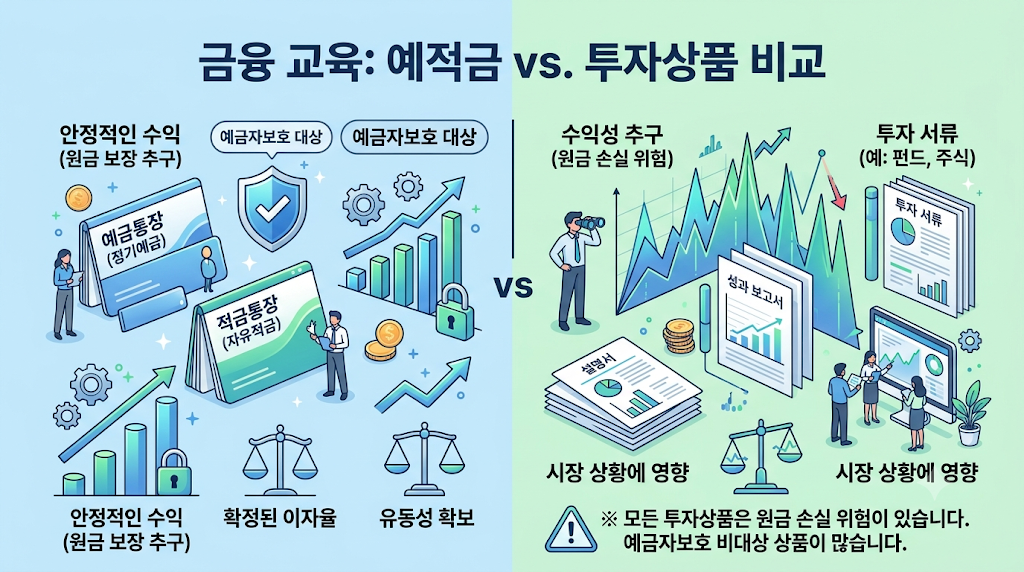 예금자보호 대상 예적금과 보호되지 않는 펀드 등 투자상품을 구분한 안내 이미지