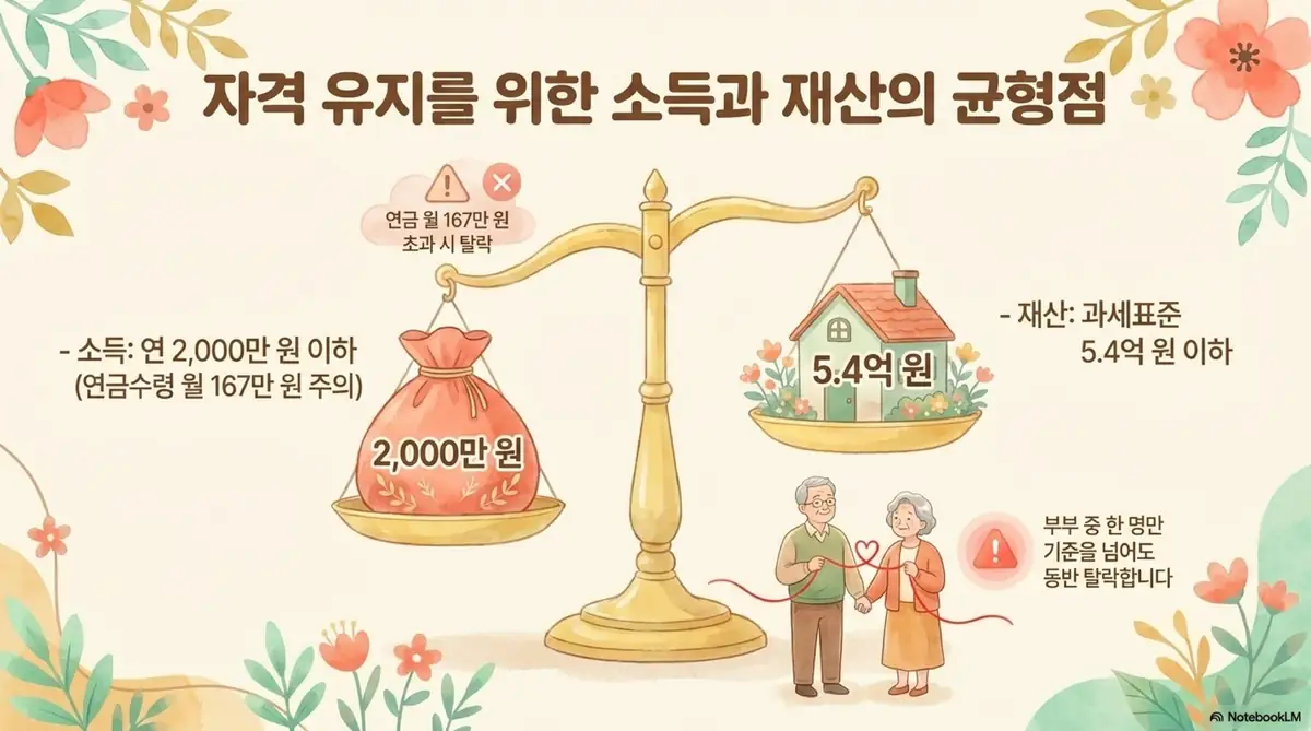 건강보험료 줄이는 방법: 피부양자 자격 유지를 위한 소득과 재산의 균형점을 저울 일러스트로 보여주는 이미지. 왼쪽에 소득 연 2,000만 원 이하 기준과 연금 월 167만 원 초과 시 탈락 경고가 있고 오른쪽에 재산세 과세표준 5.4억 원 이하 기준이 표시되어 있으며 부부 중 한 명만 기준을 넘어도 동반 탈락한다는 주의 문구가 포함되어 있다.