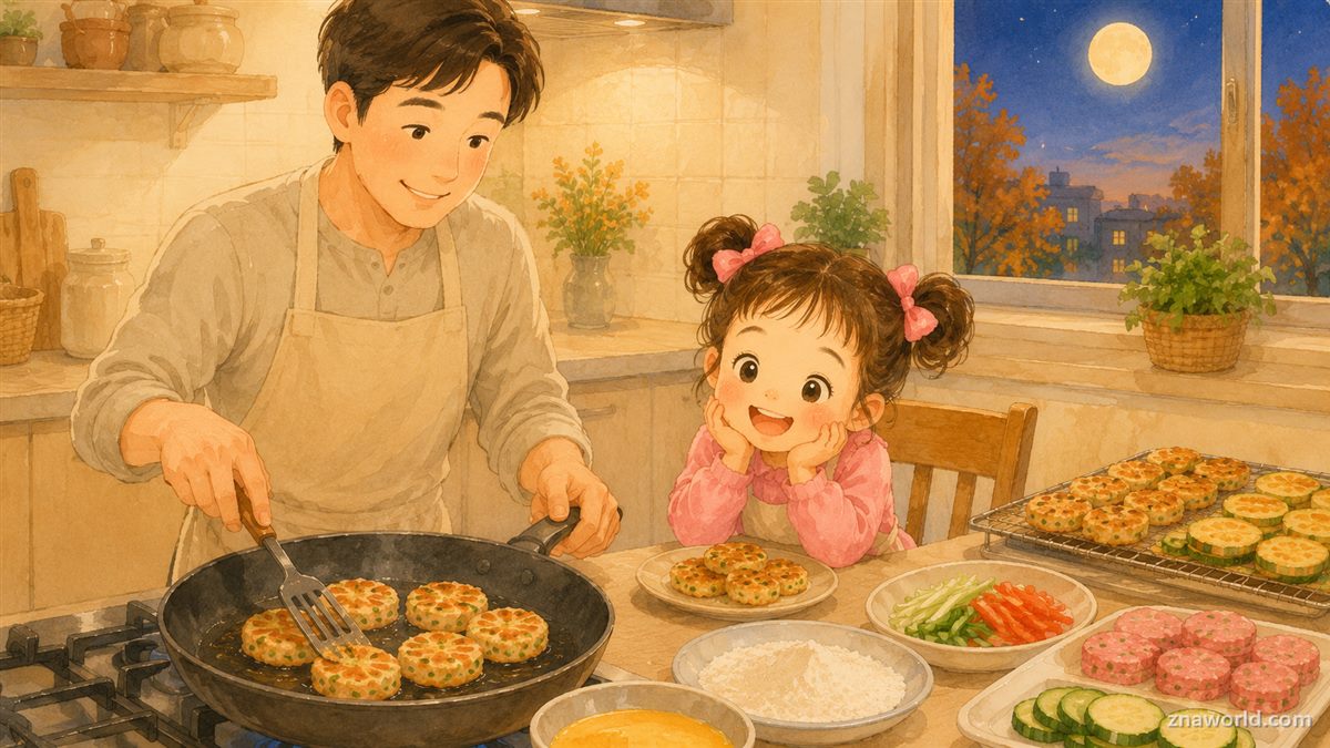 전 부치는 아빠 옆에서 지켜보는 아이 일러스트