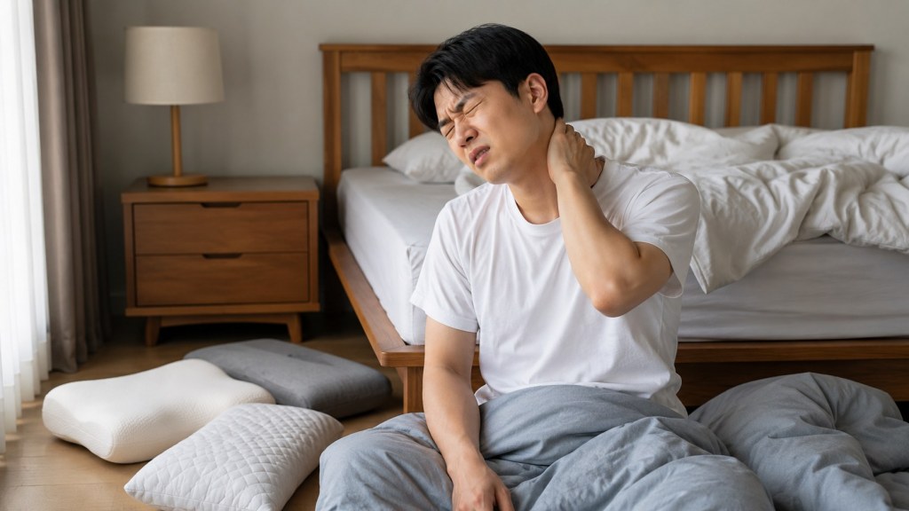 아침 기상 베개를 바꿔도 목이 아파 마사지 하는 모습