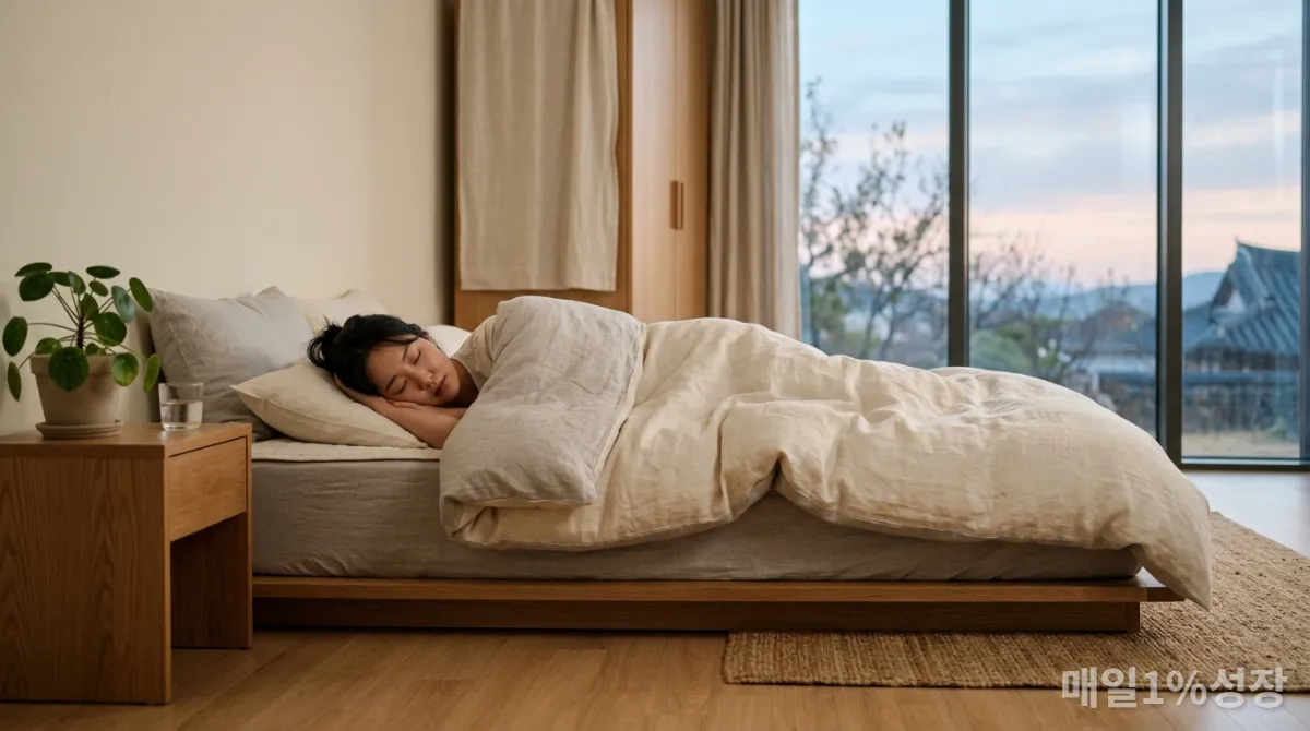 어둡고 조용한 한국식 침실에서 편안하게 잠든 사람의 모습으로 숙면의 중요성을 나타내는 이미지