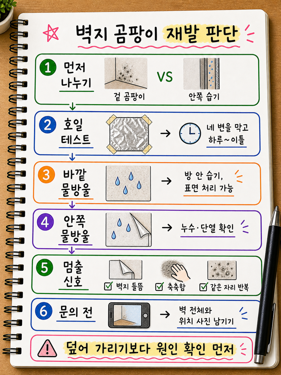 벽지 곰팡이 재발 원인을 호일 테스트와 멈춤 신호 문의 준비 순서로 정리한 손글씨 노트