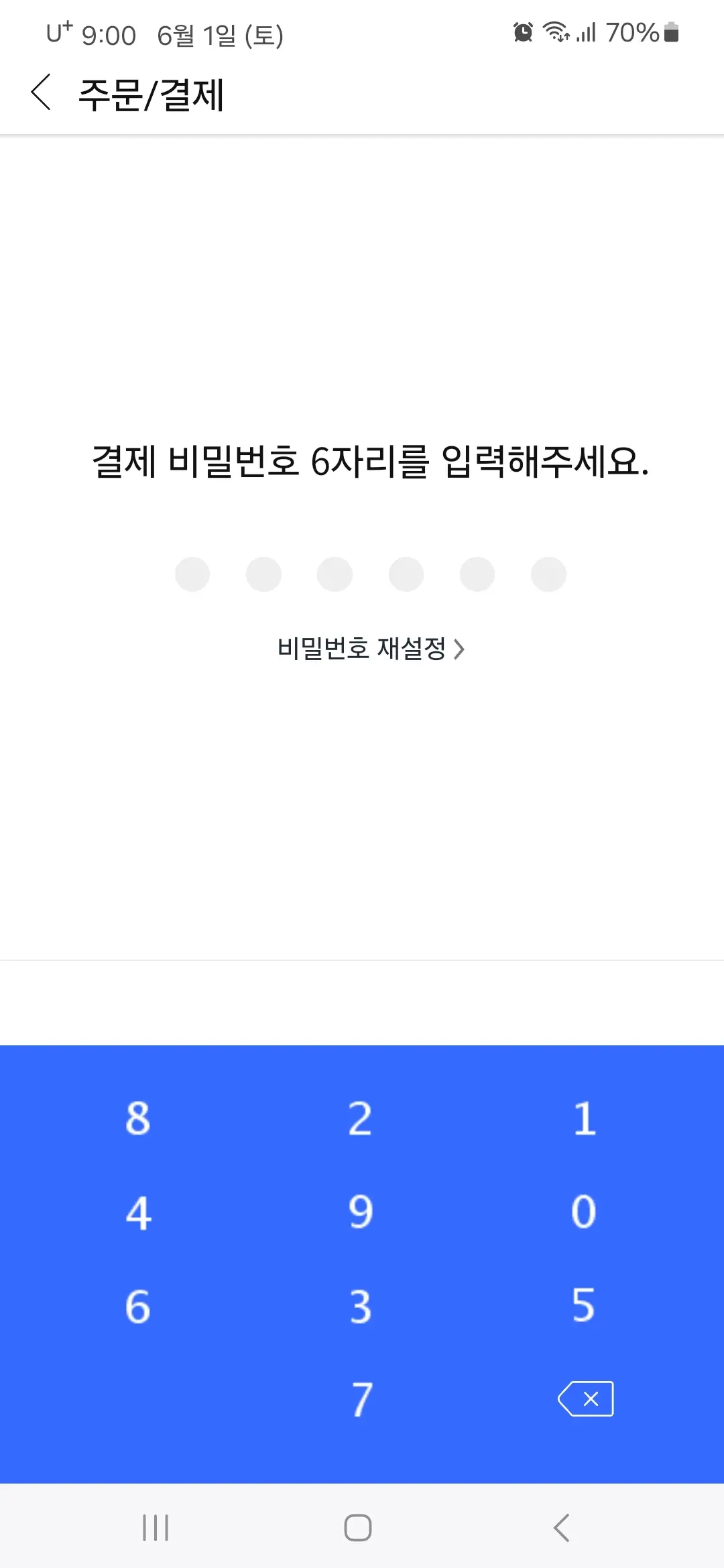결제 비밀번호 6자리 입력