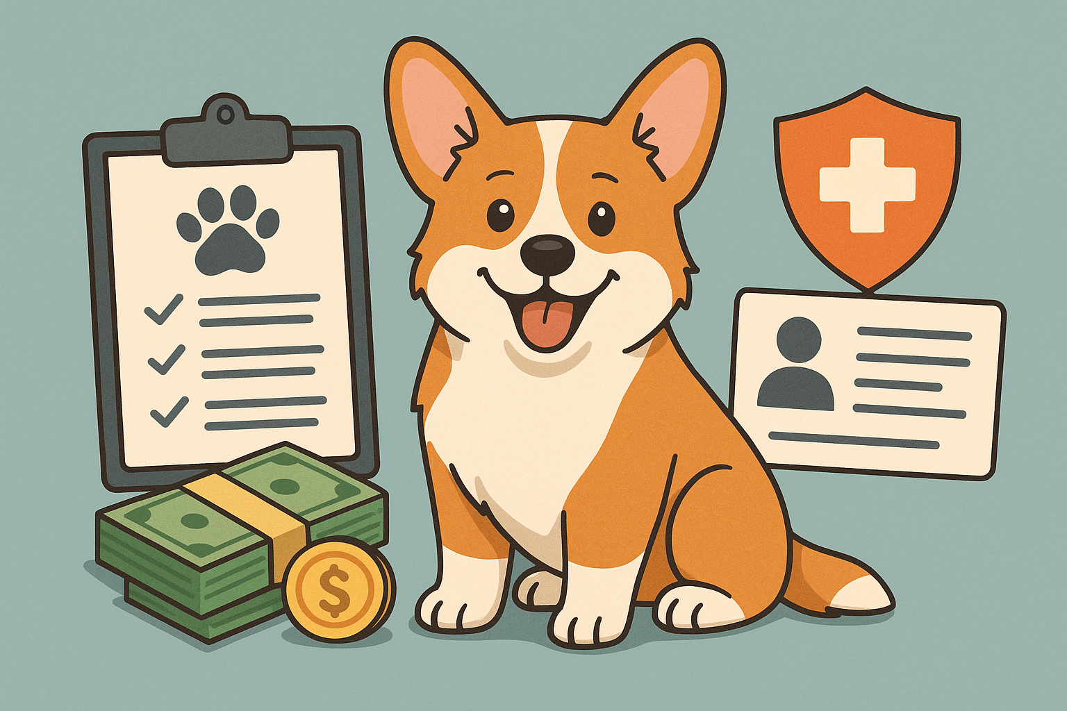 귀여운 강아지(코기)를 중심으로 반려동물 보험과 관련된 요소들을 아기자기한 스타일로 표현한 일러스트입니다. 강아지 옆에는 체크리스트가 있는 진료 기록표, 돈다발과 동전, 건강 보험을 상징하는 방패 아이콘, 그리고 보호자의 신분증 같은 카드가 배치되어 있어, 반려동물의 건강 관리와 보험 제도, 비용 등을 아우르는 메시지를 전달합니다.