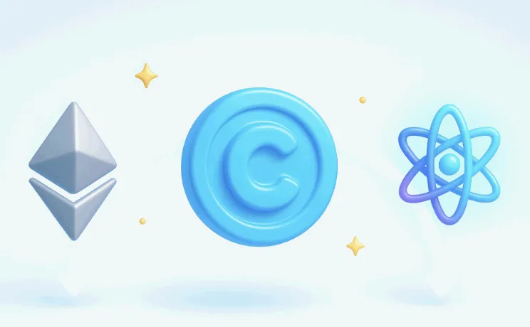 밝은 하늘 배경에 파란 3D 코인(C)과 좌측 이더리움 다이아, 우측 코스모스 원자 아이콘을 빛의 아치로 연결한 이미지. 크로노스(CRO)의 이더리움&middot;코스모스 상호운용성과 브리지 컨셉을 직관적으로 표현한 대표 이미지 (Cronos CRO bridge ETH Cosmos 3D hero).
