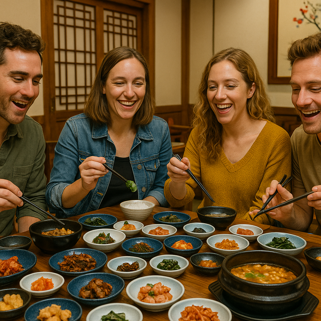 한국식당에서 한국 음식을 먹고 있는 외국인 관광객들