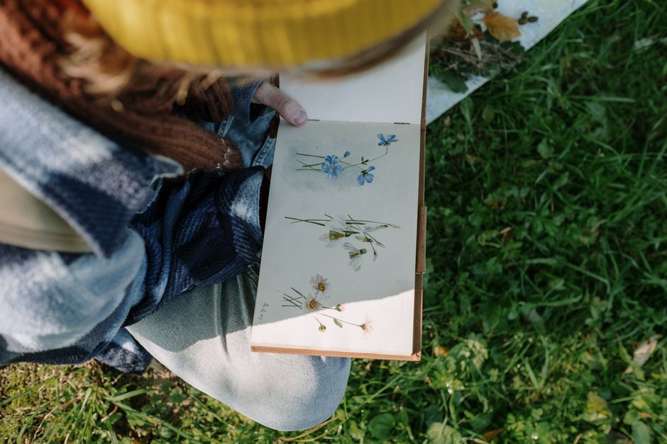 A person drawing wildflowers in a sketchbook while sitting on green grass in a serene outdoor setting.