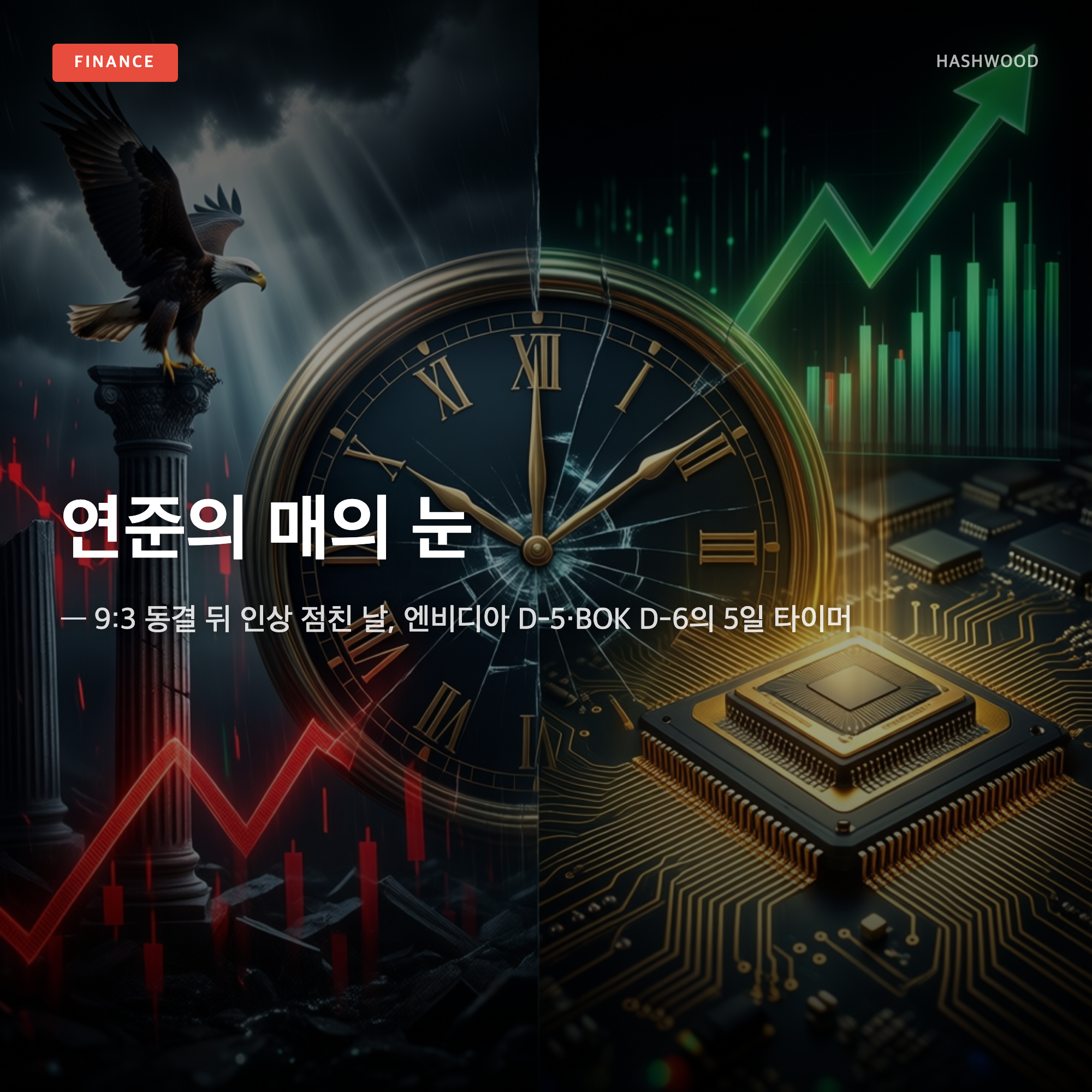 그림: 연준의 매의 눈 — — 9:3 동결 뒤 인상 점친 날, 엔비디아 D-5·BOK D-6의 5일 타이머