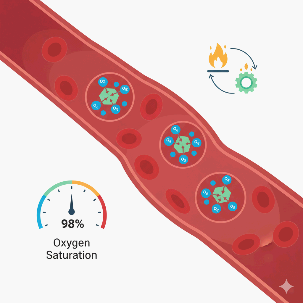 산소포화도의 개념과 인체의 에너지 균형을 상징적으로 나타내는 일러스트레이션