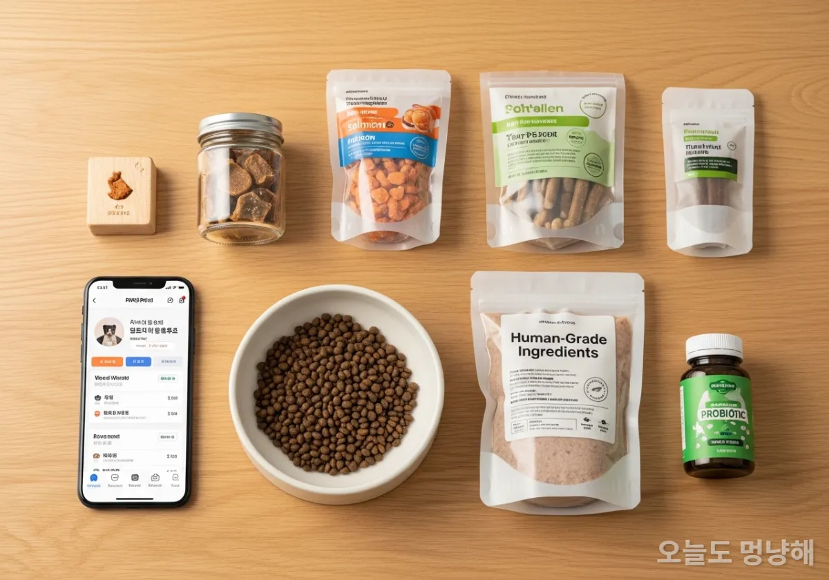 곤충 단백질 사료, 습식 사료, AI 맞춤형 식단 앱 화면이 놓인 테이블