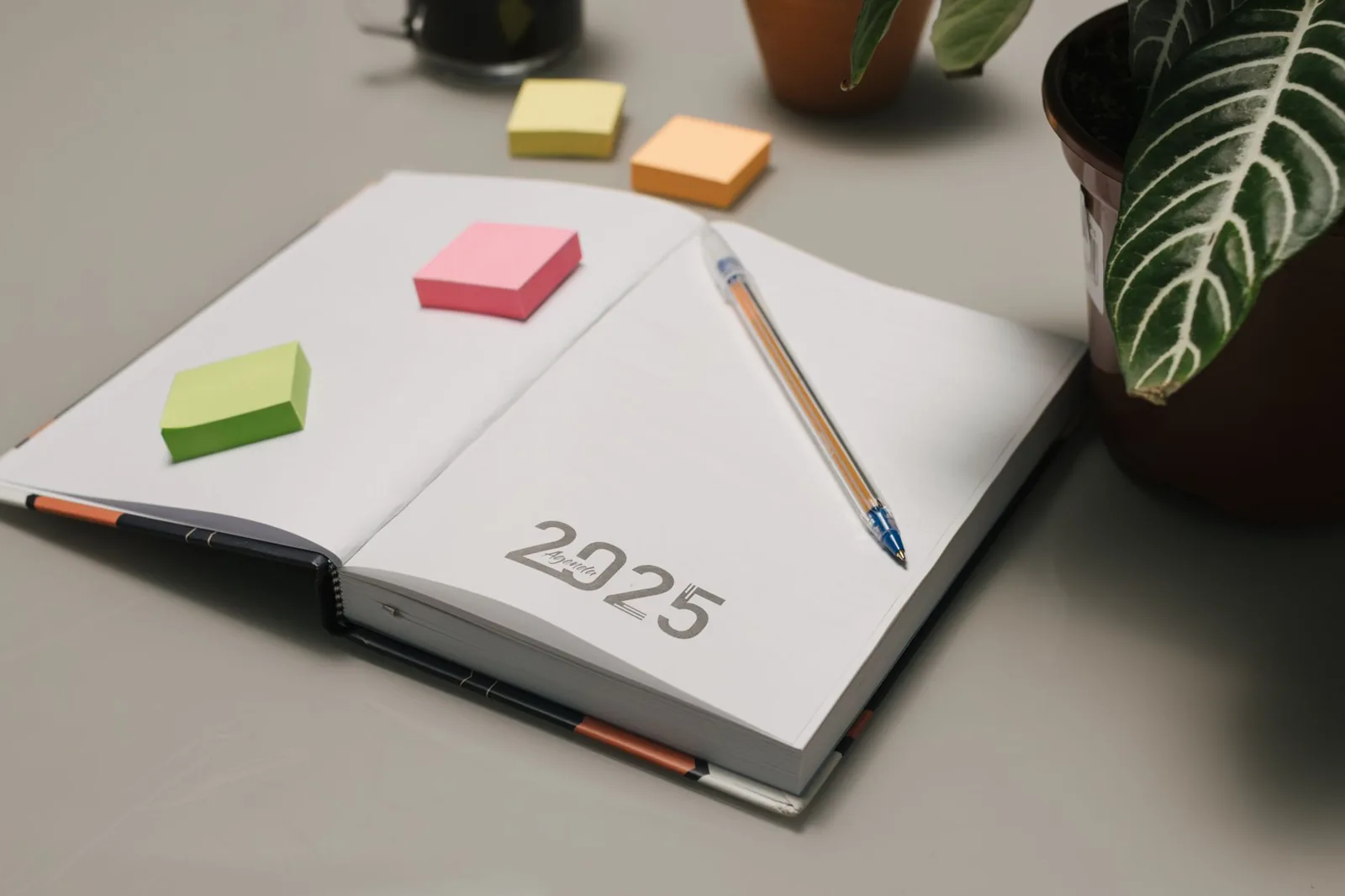 2025년 오픈 플래너, 책상 위에 다채로운 메모지와 식물이 있습니다.