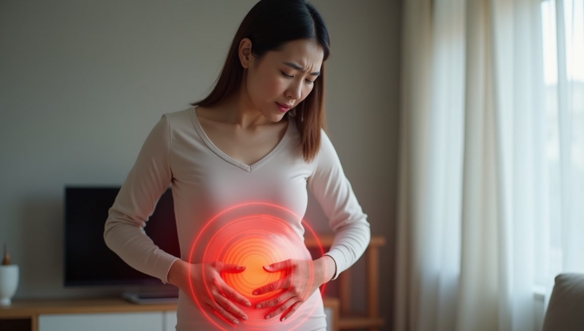 여성이 약간 민망하고 불편한 표정으로 실내에 서 있으며, 다리를 살짝 꼬고 양손으로 아랫배를 가리는 사진