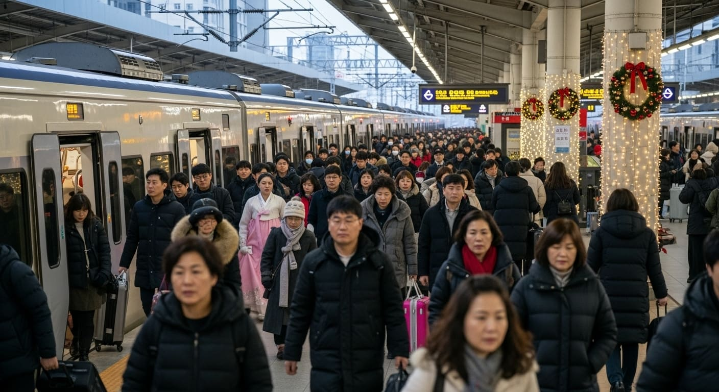 귀성객들로 붐비는 승강장에서 기차에서 내리는 인파