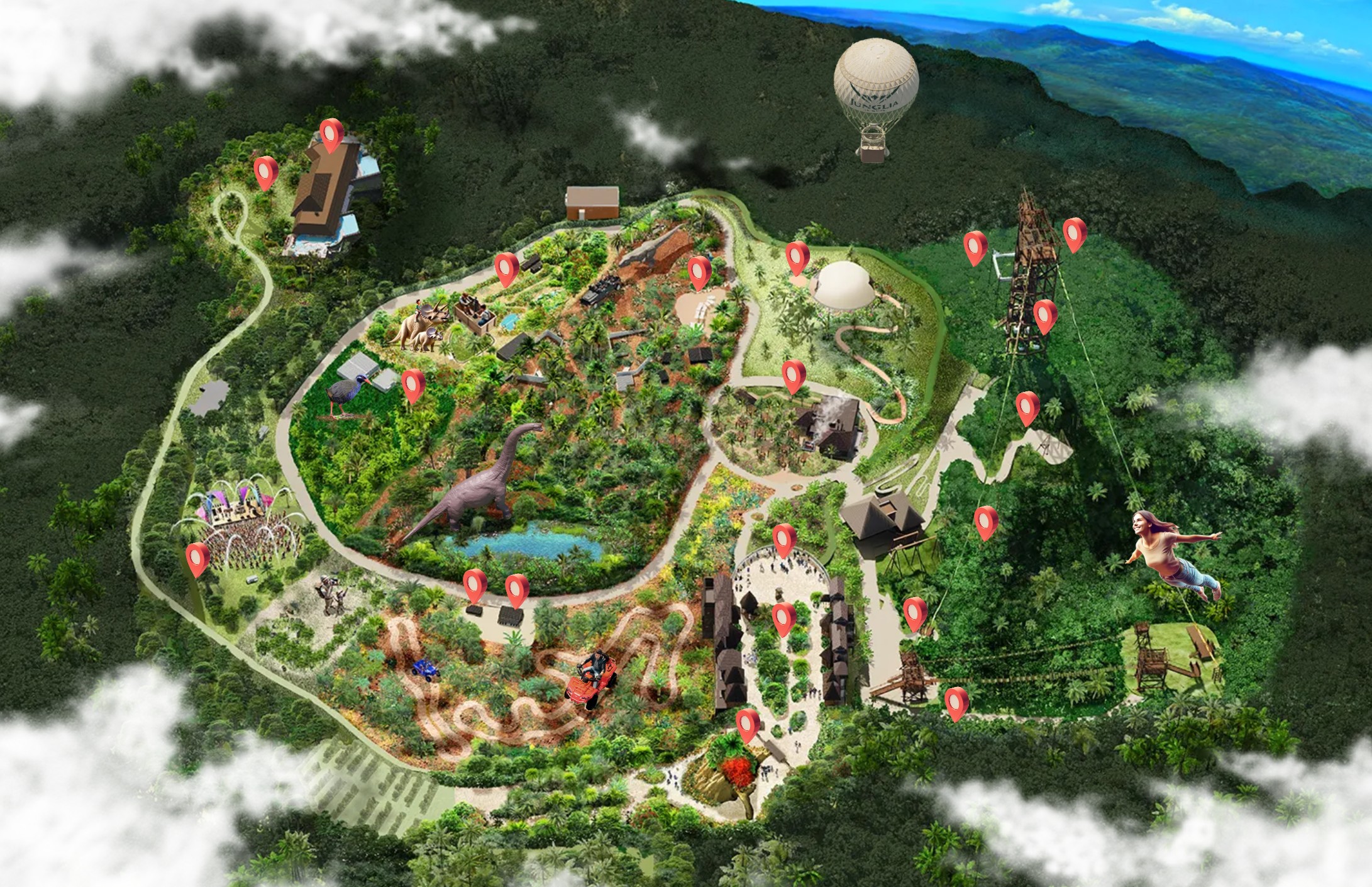 정글리아 오키나와 테마파크 전체 지도와 주요 어트랙션 위치가 표시된 일러스트 맵