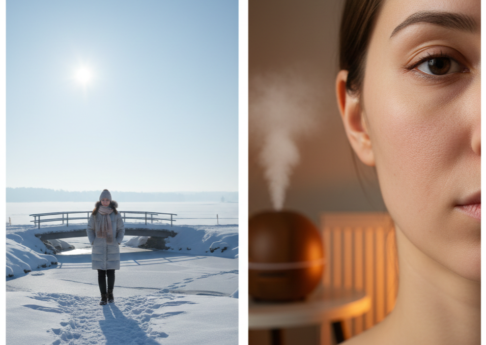 겨울은 자외선 지수가 가장 낮지만, 실내외 극심한 온도 차와 난방에 의한 피부손상을 표현한 사진