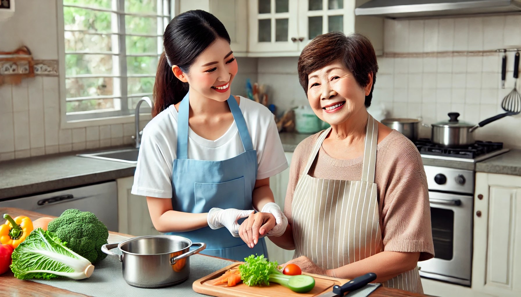 요양보호사가 가정 방문해 어르신을 도와주는 장면