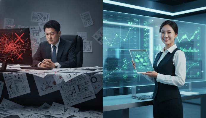 스마트공장 사업 심사 전후: 복잡한 서류 작업으로 고민하며 불안해하는 한국인 사업가와 깔끔하게 준비된 서류로 심사를 통과하여 만족하는 한국인 사업가의 모습을 비교하는 이미지.