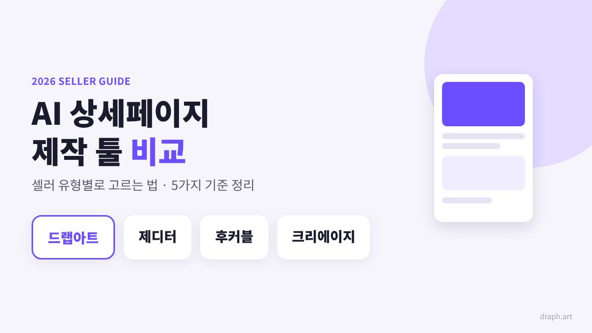AI 상세페이지 제작 툴 비교 2026 - 드랩아트, 제디터, 후커블, 크리에이지 셀러 유형별 선택 가이드 대표 이미지