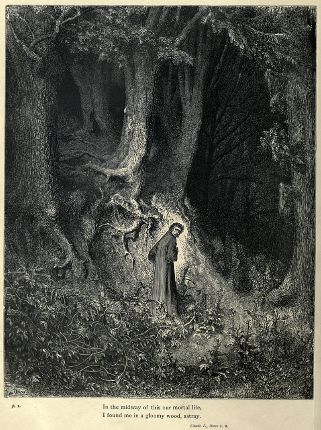 신곡의 초반부로 단테가 어둠 속을 헤매고 있는 모습