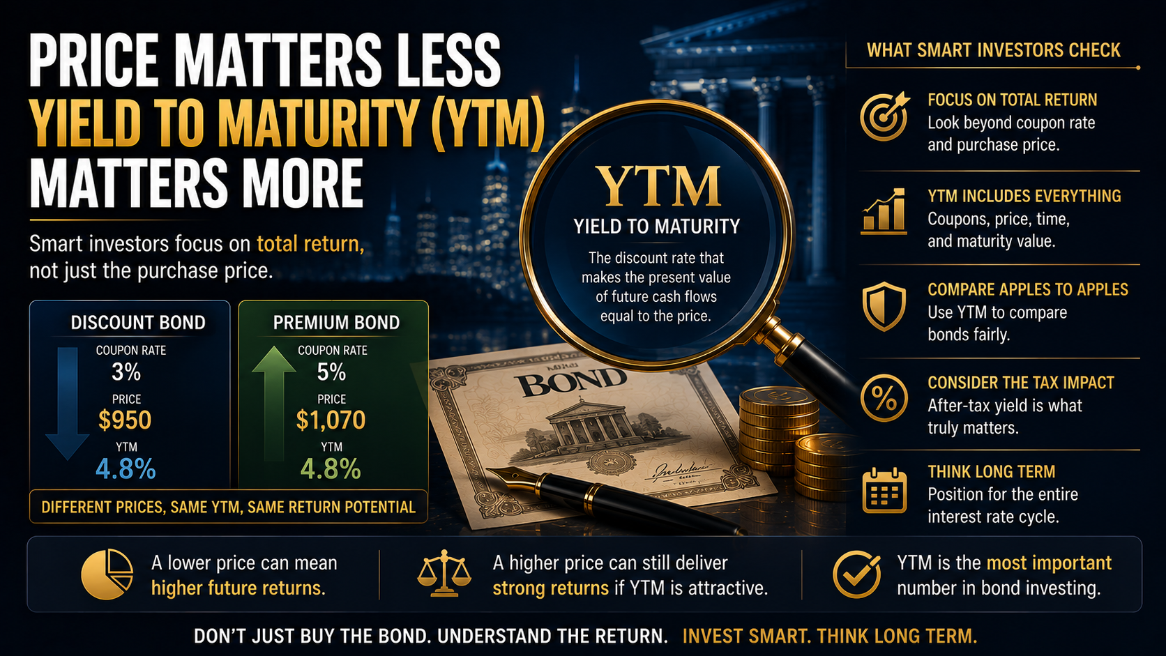 Financial infographic explaining why Yield to Maturity (YTM) is more important than bond price when evaluating total investment returns.