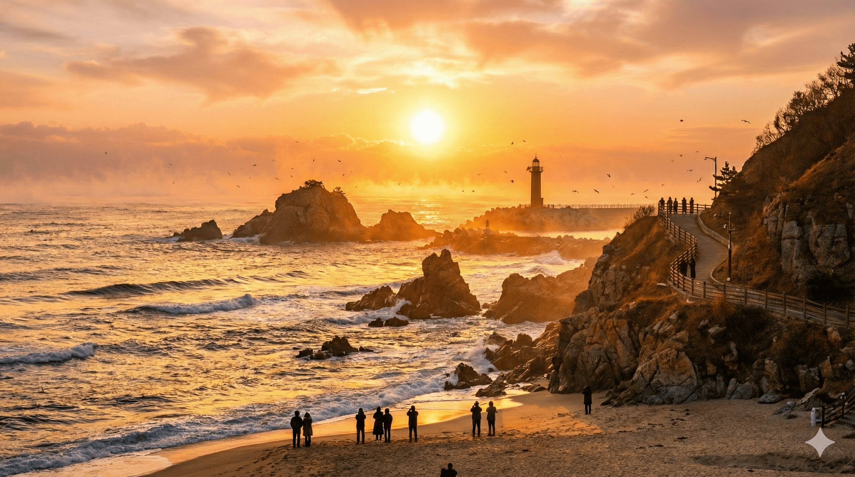 2026년 새해 바다 위로 떠오르는 붉은 태양과 해돋이 명소 전경