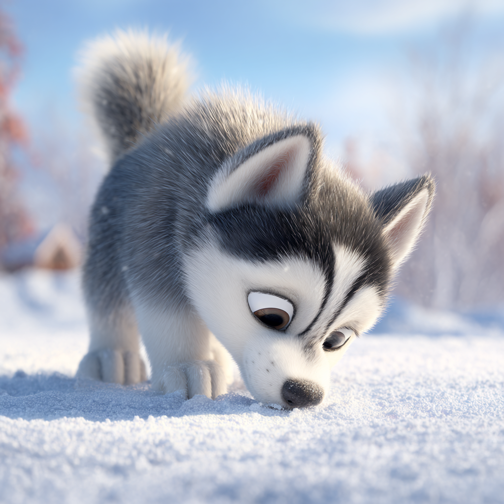 호기심어린 눈으로 눈밭을 보는 강아지, 픽사스타일 일러스트