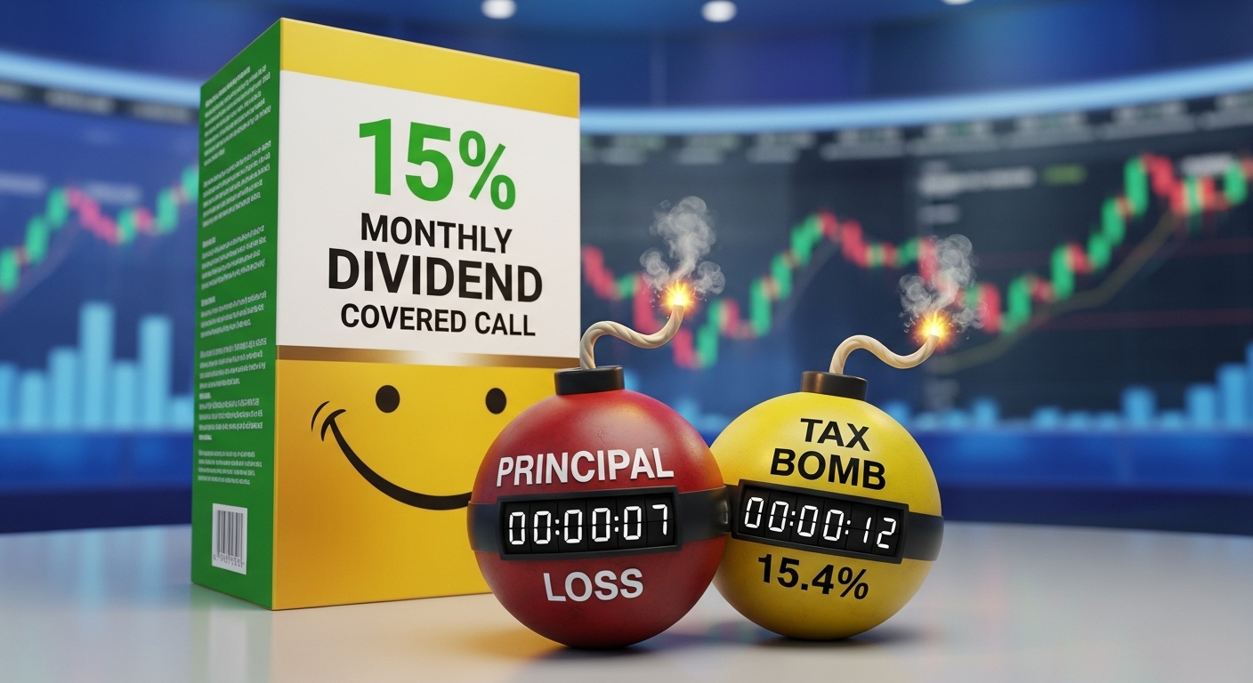 '월배당 15%' ETF 상품이 '원금 손실'과 '세금 폭탄'이라는 2개의 시한폭탄을 들고 웃는 이미지