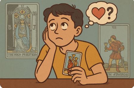 타로 카드를 들고 생각하는 사람