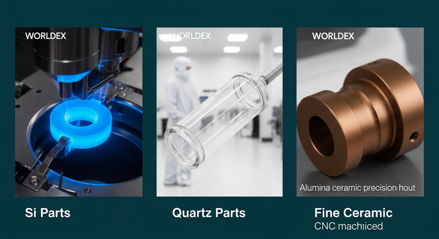 Worldex three product macro close-up triptych. Left panel silicon focus ring glowing blue inside semiconductor chamber plasma etching. Center panel quartz clear tube component clean room white pure. Right panel fine ceramic precision part alumina brown CNC machined. Each panel label Si Parts, Quartz Parts, Fine Ceramic. Dark teal background professional industrial photography style.