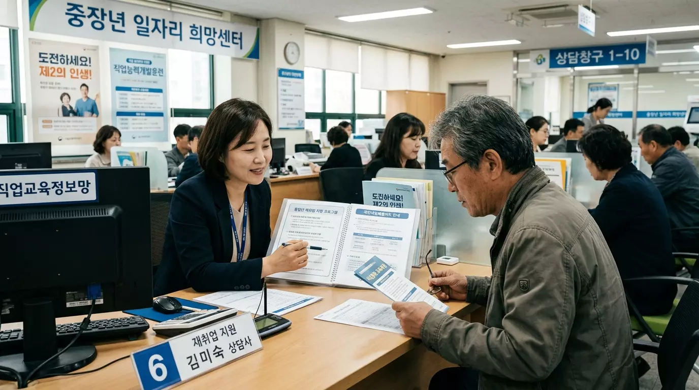 중장년 남성이 채취업 상담을 받고 있는 장면