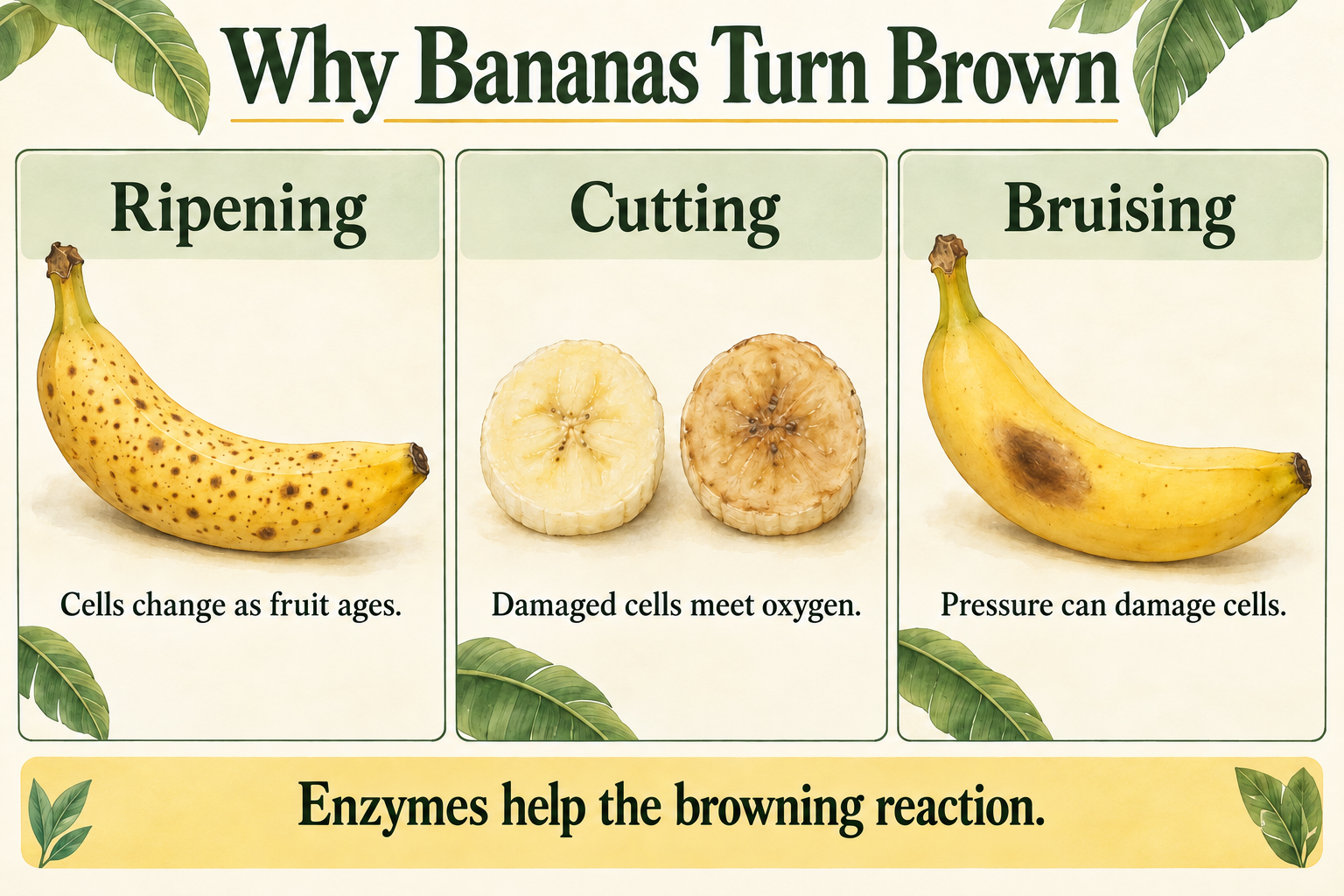 Three independent examples showing banana ripening, sliced flesh exposed to air, and a bruised banana