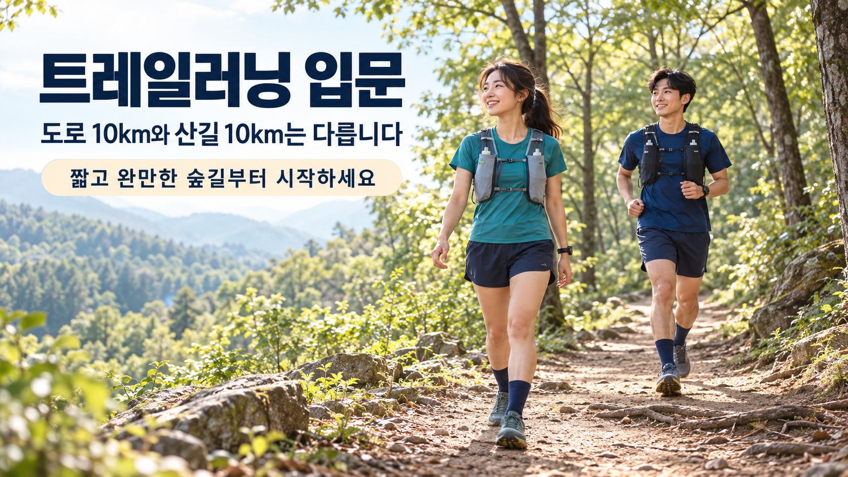 병을 넣은 러닝조끼를 착용한 두 러너가 완만한 숲길에서 걷기와 가벼운 달리기를 하는 모습과 ‘짧고 완만한 숲길부터 시작하세요’라는 트레일러닝 입문 안내 문구